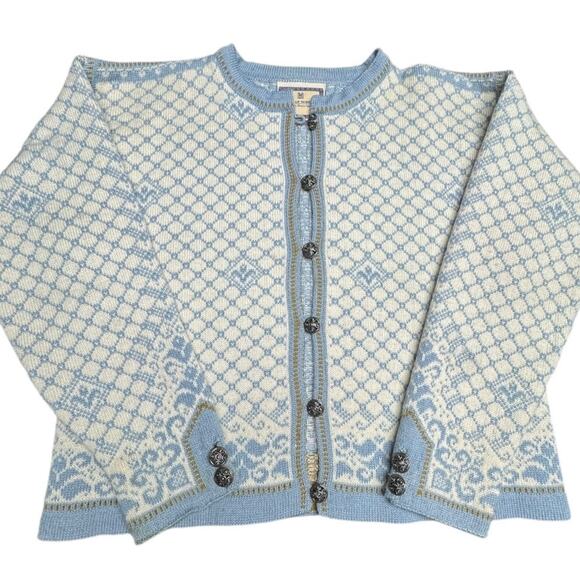 Dale of Norway Cardigan Blue White Wool Nordic Fair Isle Knit Sweater Sz Medium - Picture 1 of 10